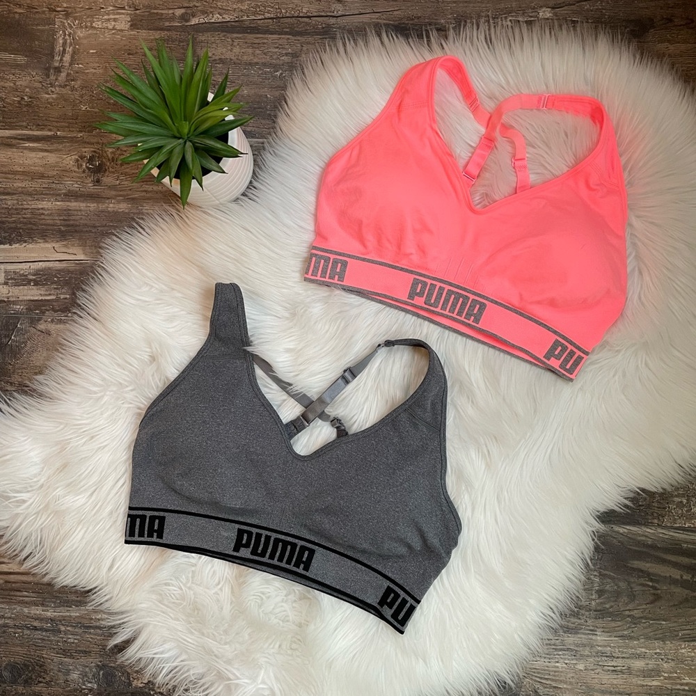 2 Puma seamless sports bras with adjustable straps - grey and pink/coral
